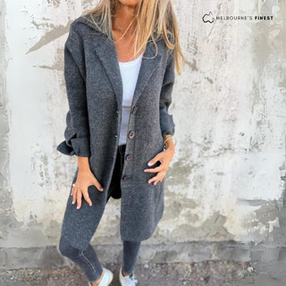 Manteau femme Alice™ gris chiné, col châle, boutons, poches, longueur mi-cuisse.