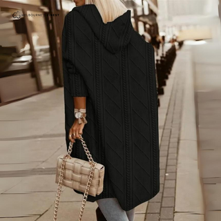 Gilet long à capuche en maille texturée noire, poches, devant ouvert et motif losanges