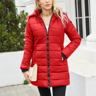 Manteau d’hiver matelassé rouge pour femme, capuche, fermeture éclair, poches