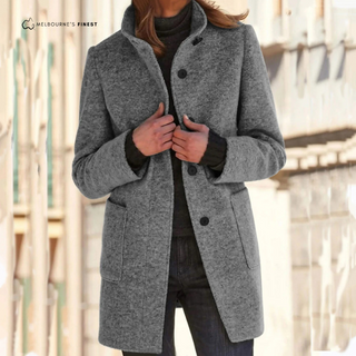 Manteau d’hiver femme gris à boutonnage, col à revers et poches