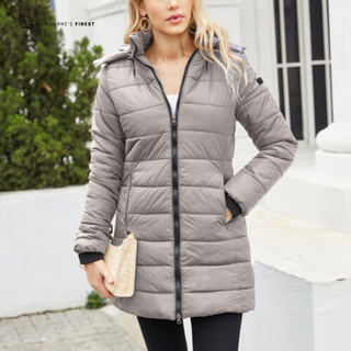 Manteau d’hiver matelassé gris pour femme, capuche, fermeture éclair, poches