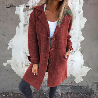 Manteau femme Alice™ rouge, col châle, boutons, poches sur les côtés, coupe droite.