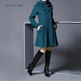 Manteau Abbie™ femme vert foncé, boutonnage double, coupe évasée, col haut