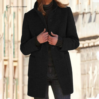 Manteau d’hiver femme noir à boutonnage, col à revers et poches