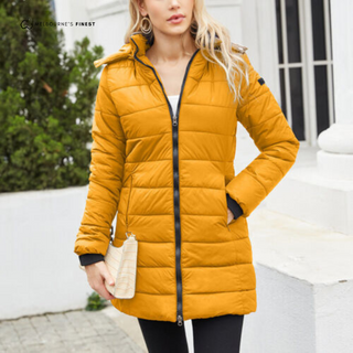 Manteau d’hiver matelassé pour femme Hafsa™, jaune moutarde, fermeture zippée, poches