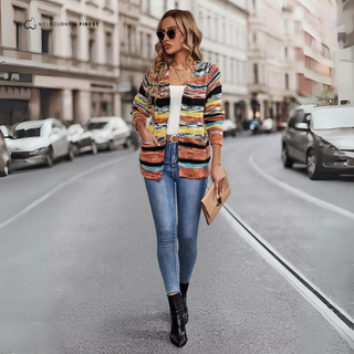 Cardigan Chloe™ en tricot rayé multicolore, manches longues, devant ouvert