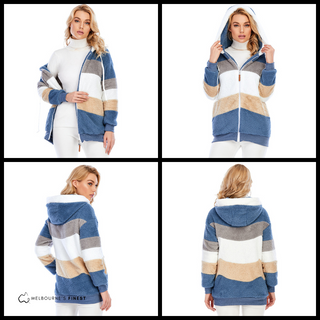 Manteau femme à capuche zippé, patchwork bleu, blanc, gris et beige, vues multiples.