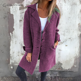 Manteau femme Alice™ violet, col châle, boutonnage, poches plaquées, longueur mi-cuisse.