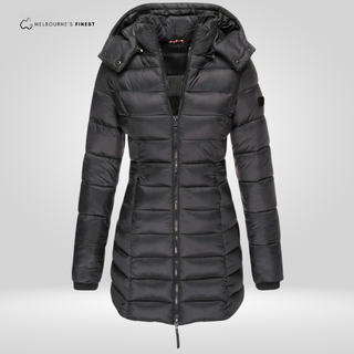 Manteau d’hiver noir pour femme, face avant, capuche, fermeture éclair, coutures matelassées