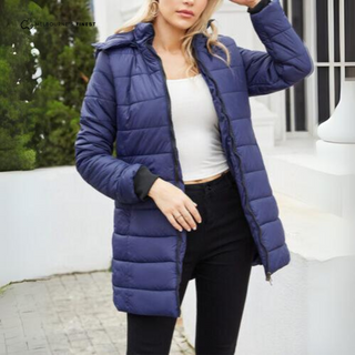 Manteau d’hiver matelassé bleu marine pour femme, capuche, fermeture éclair, poches