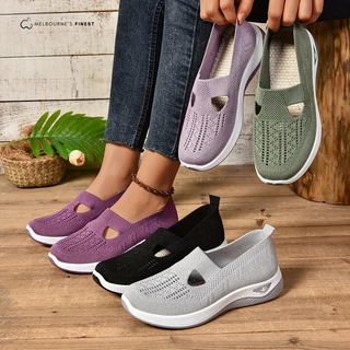 Chaussures orthopédiques pour femmes en maille ajourée violet, noir et gris clair.