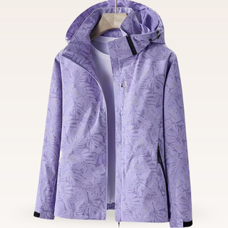 Veste de rafraîchissement violette à capuche, fermeture zippée, motif feuillagé.