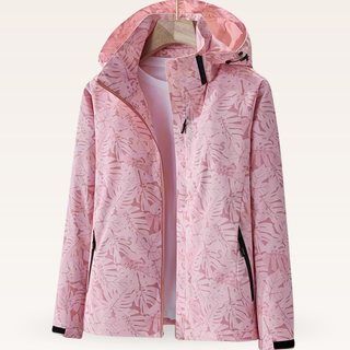 Veste de rafraîchissement rose à capuche, fermeture zippée, motif feuillagé.