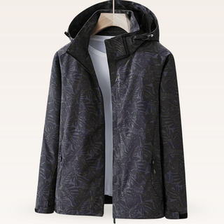 Veste de rafraîchissement foncée à capuche, fermeture zippée, motif feuillagé.