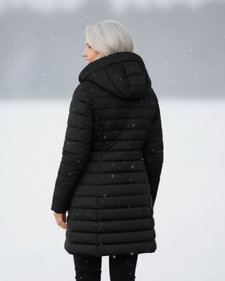 Veste matelassée longue noire à capuche, fermeture zippée, poches latérales.
