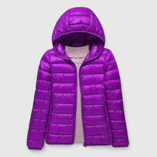 Veste matelassée ultra-légère à capuche, violet, fermeture zippée.