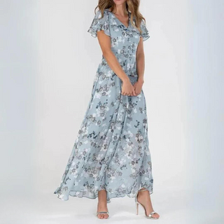 Robe Maxi en Chiffon avec Décolleté en V et Imprimé Floral – Élégante et Aérée