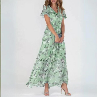 Robe Maxi en Chiffon avec Décolleté en V et Imprimé Floral – Élégante et Aérée
