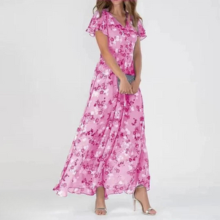 Robe Maxi en Chiffon avec Décolleté en V et Imprimé Floral – Élégante et Aérée