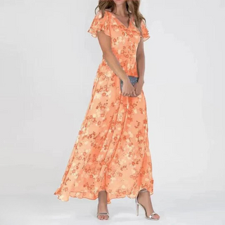 Robe Maxi en Chiffon avec Décolleté en V et Imprimé Floral – Élégante et Aérée
