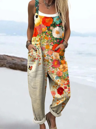 Combinaison à fleurs multicolores, bretelles fines et pantalon ample
