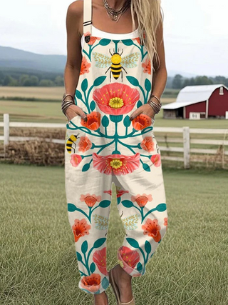 Combinaison sans manches à motif abeille et fleurs, fond blanc, pantalon long