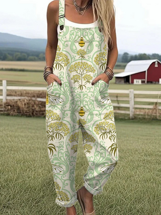Combinaison sans manches blanche à motif abeille et feuillages vert et jaune