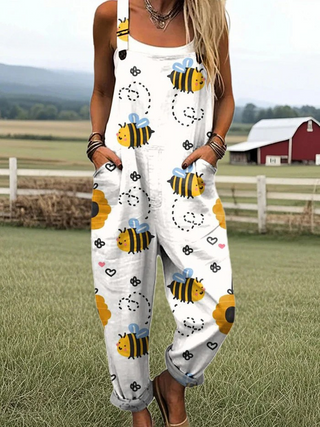 Combinaison blanche sans manches à motifs abeilles jaunes et cœurs