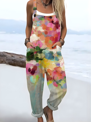 Combinaison sans manches à bretelles, motif floral multicolore, pantalon ample