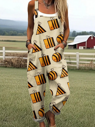 Combinaison sans manches blanche imprimée abeilles et ruches, pantalon long