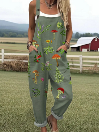Combinaison vert olive sans manches, broderies de champignons et plantes multicolores