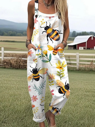 Combinaison blanche sans manches à imprimé abeilles et fleurs, jambes larges