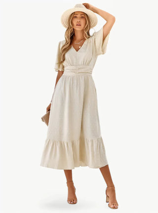 Robe d'été midi avec décolleté en V et taille cintrée – Décontractée & Féminine