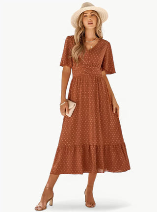 Robe d'été midi avec décolleté en V et taille cintrée – Décontractée & Féminine