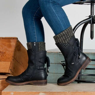 Bottes d’hiver pour femme en suède avec col tricoté et laçage arrière