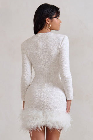 Claudia | Robe courte sans col avec garniture en plumes