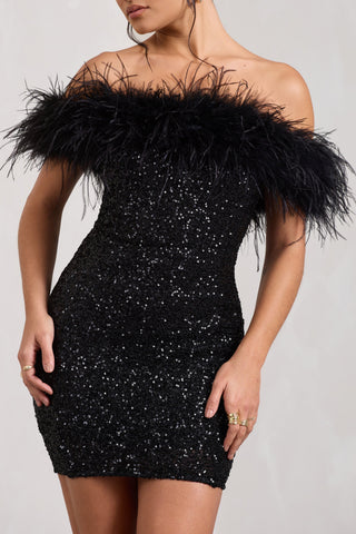 Sara | Robe mini paillettes avec décoration en plumes épaule dénudée