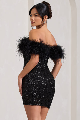 Sara | Robe mini paillettes avec décoration en plumes épaule dénudée