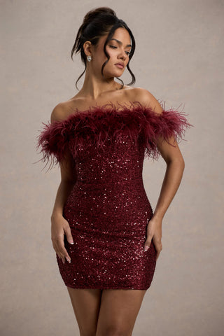 Sara | Robe mini paillettes avec décoration en plumes épaule dénudée