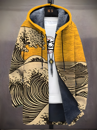 Sweat à capuche zippé jaune avec doublure grise et motif vagues, capuche et cordon
