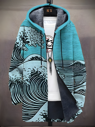 Sweat à capuche zippé bleu avec doublure grise et motif vagues, capuche et cordon