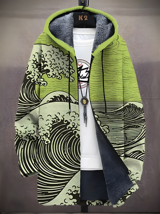 Sweat à capuche zippé vert avec doublure grise et motif vagues, capuche et cordon