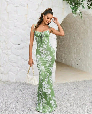 Robe maxi ajustée avec motif floral et détails en nœud – rêve d'été féminin