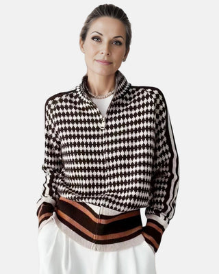 Blouse en maille pied-de-poule noire et blanche, fermeture éclair, rayures marron