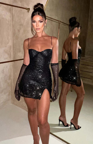 Anna| Robe Mini Brillante avec Gants