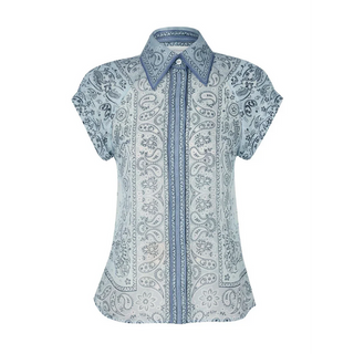 Blouse manches courtes imprimée cachemire bleu, col à attache et bordure contrastée
