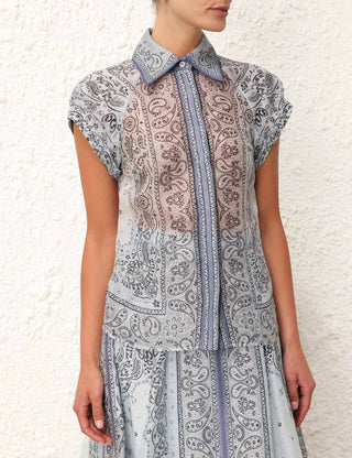 Ensemble blouse et jupe imprimée cachemire bleu-gris, manches courtes, lien au col