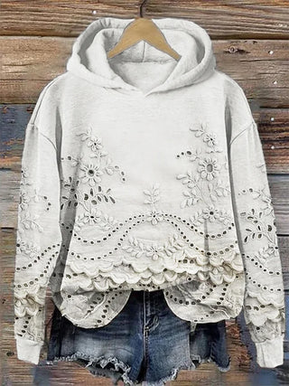 Sweat à capuche blanc cassé, broderie florale et ourlet festonné