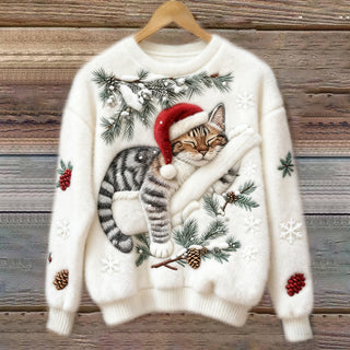 Pull femme blanc à motif chat festif: flocons, branches de sapin et gants