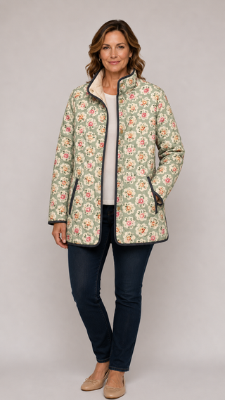Veste matelassée à capuche multicolore, imprimé floral vintage, fermeture éclair